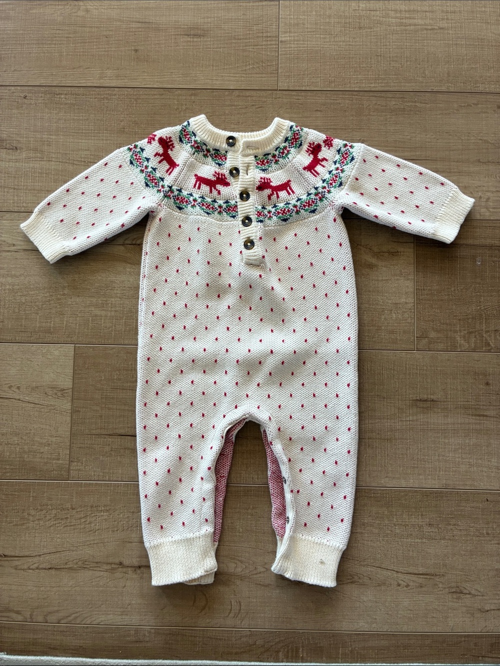 Hanna Andersson Cozy Knit Reindeer One-Piece Romper - White with Red Accents